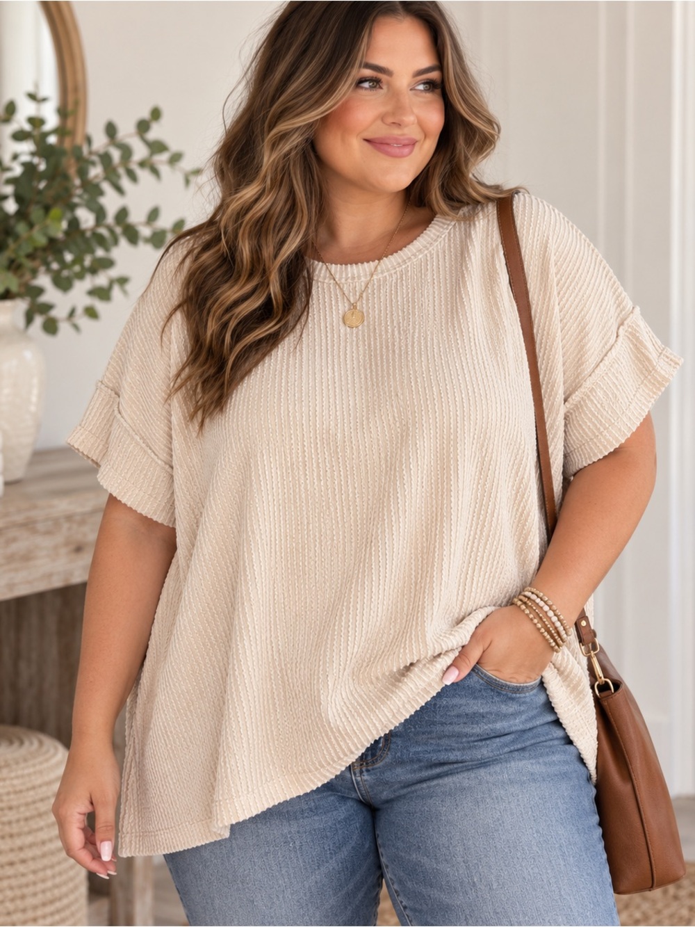 Andree by Unit Plus Size Textured Knit Poncho Top 1X/2X Cream Beige